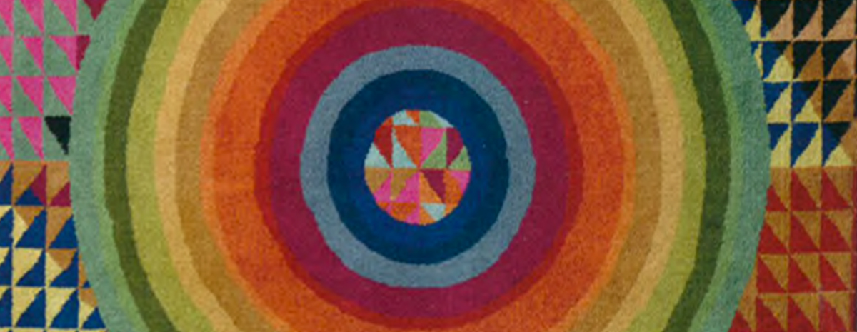 Concentric colourful circles against colourful geometric triangles. 